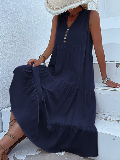 Notch Neck Buttoned Sleeveless Tiered Midi Dress