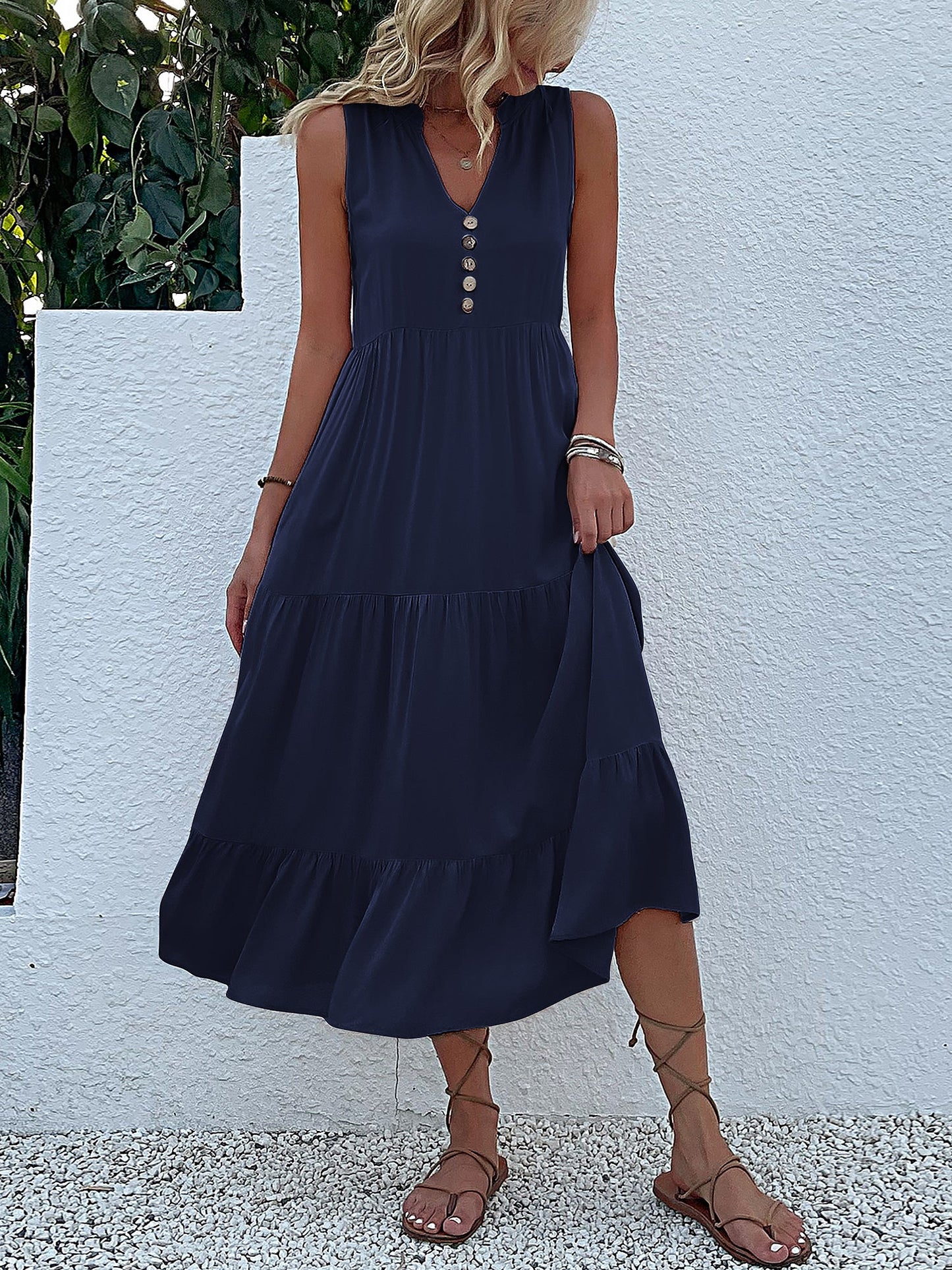 Notch Neck Buttoned Sleeveless Tiered Midi Dress