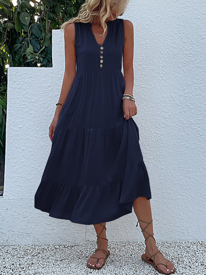 Notch Neck Buttoned Sleeveless Tiered Midi Dress