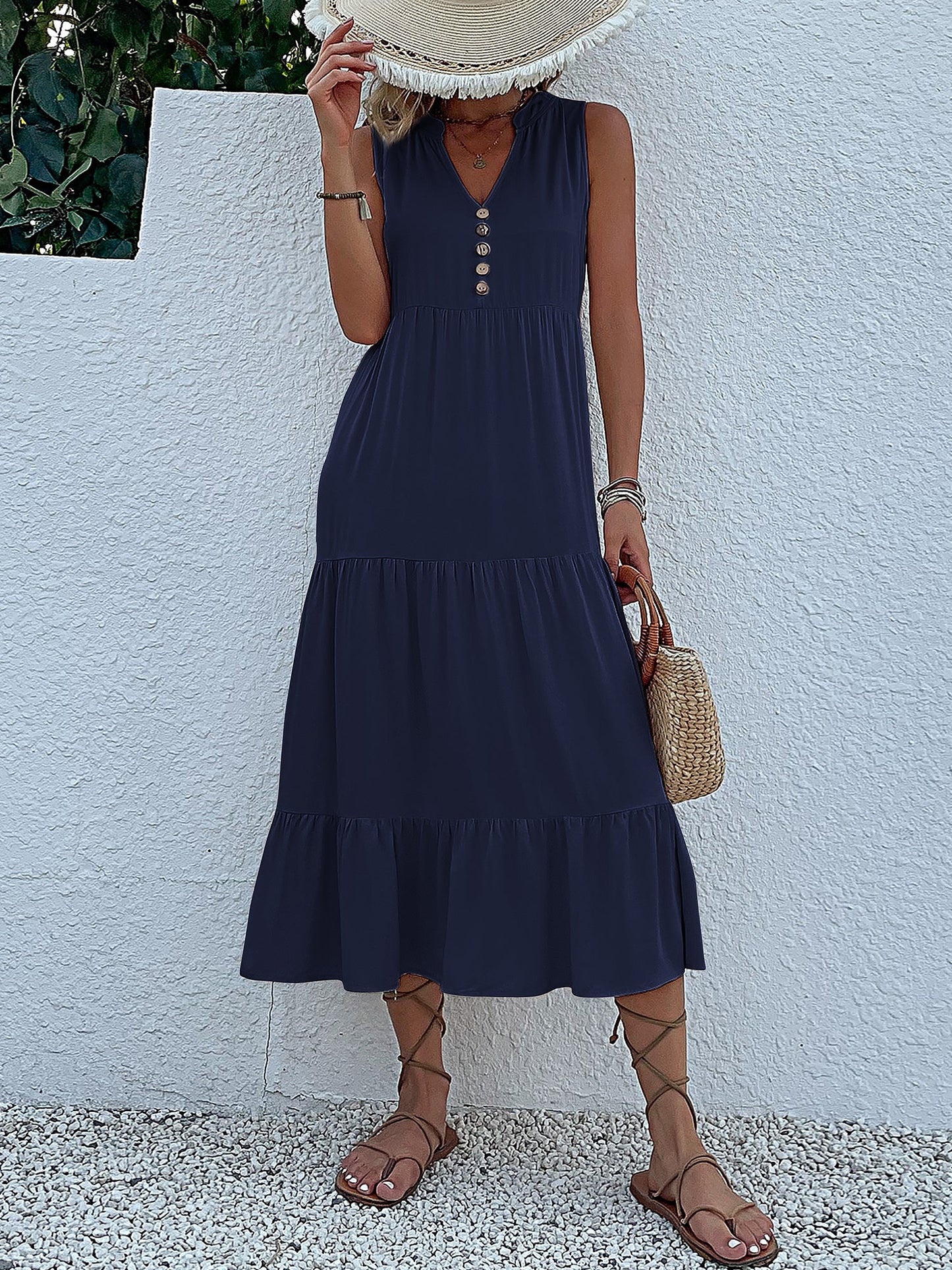 Notch Neck Buttoned Sleeveless Tiered Midi Dress