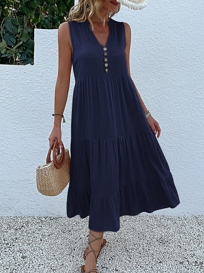 Notch Neck Buttoned Sleeveless Tiered Midi Dress