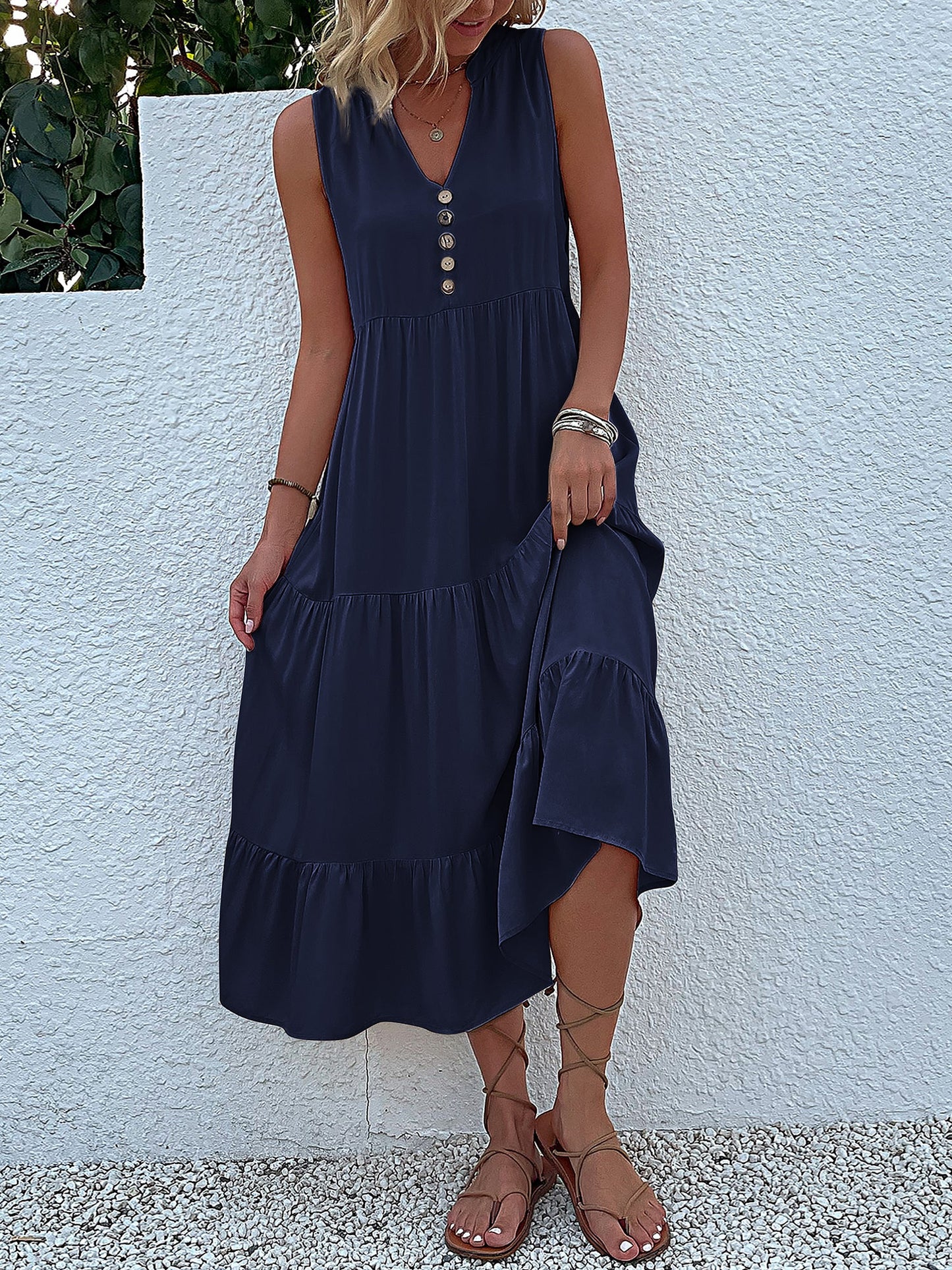 Notch Neck Buttoned Sleeveless Tiered Midi Dress