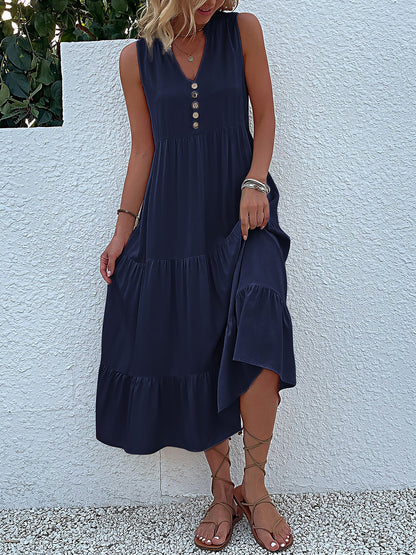 Notch Neck Buttoned Sleeveless Tiered Midi Dress