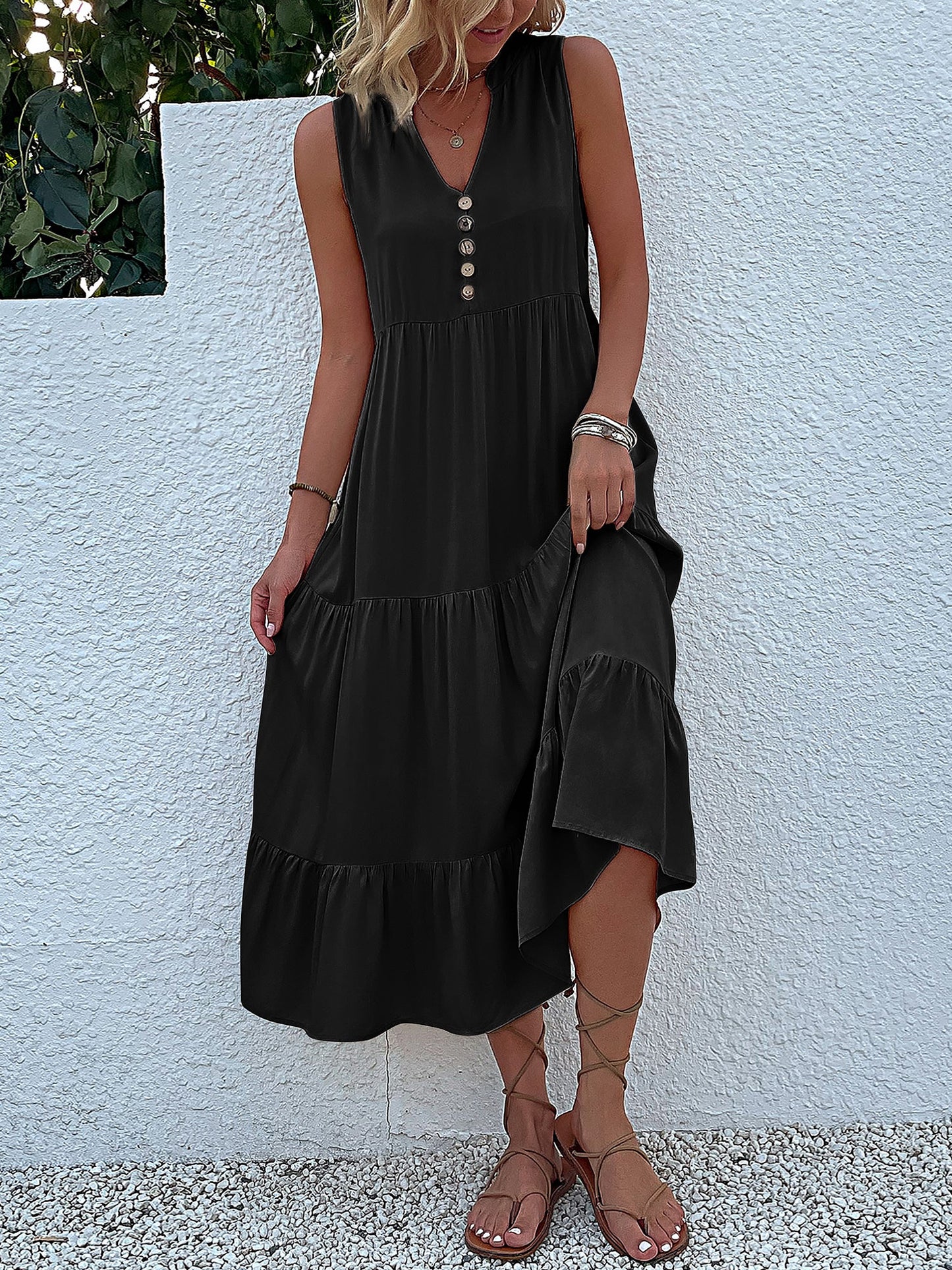 Notch Neck Buttoned Sleeveless Tiered Midi Dress