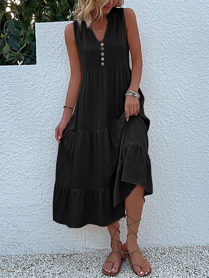 Notch Neck Buttoned Sleeveless Tiered Midi Dress
