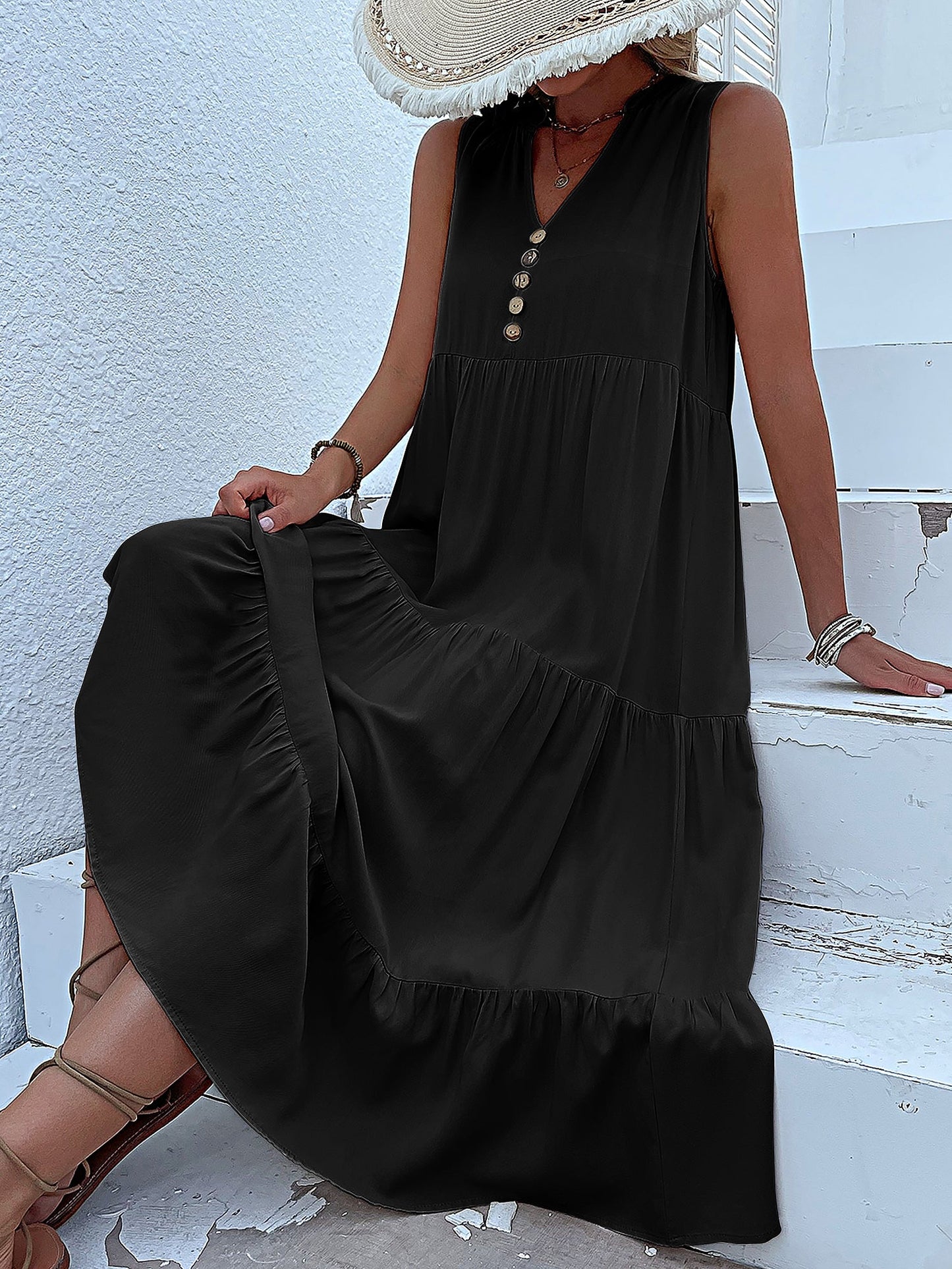 Notch Neck Buttoned Sleeveless Tiered Midi Dress