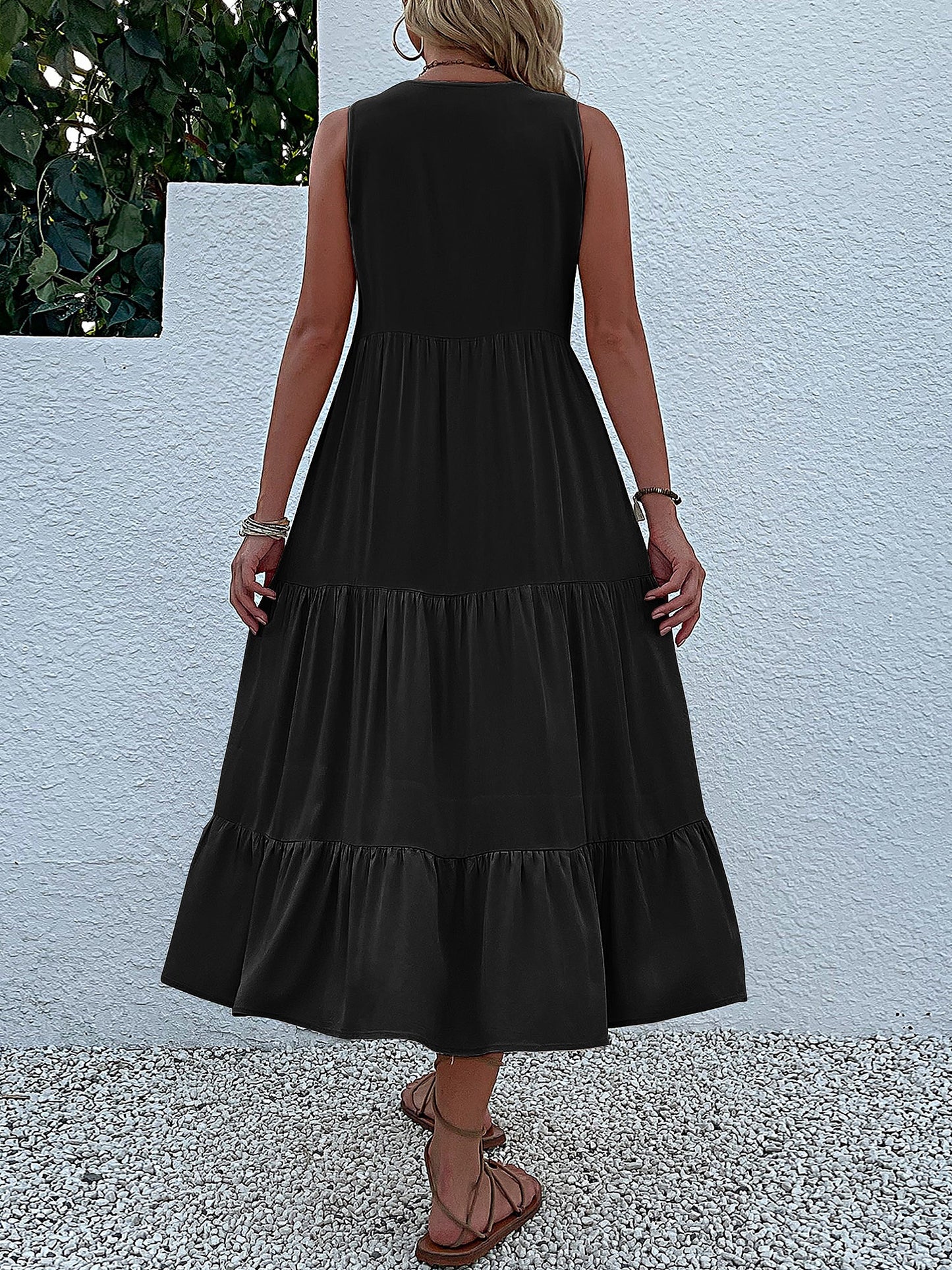 Notch Neck Buttoned Sleeveless Tiered Midi Dress