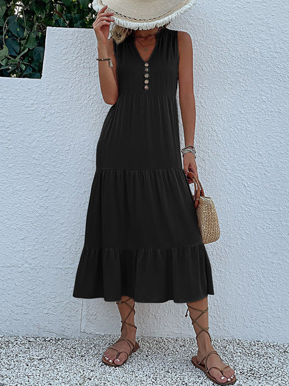 Notch Neck Buttoned Sleeveless Tiered Midi Dress