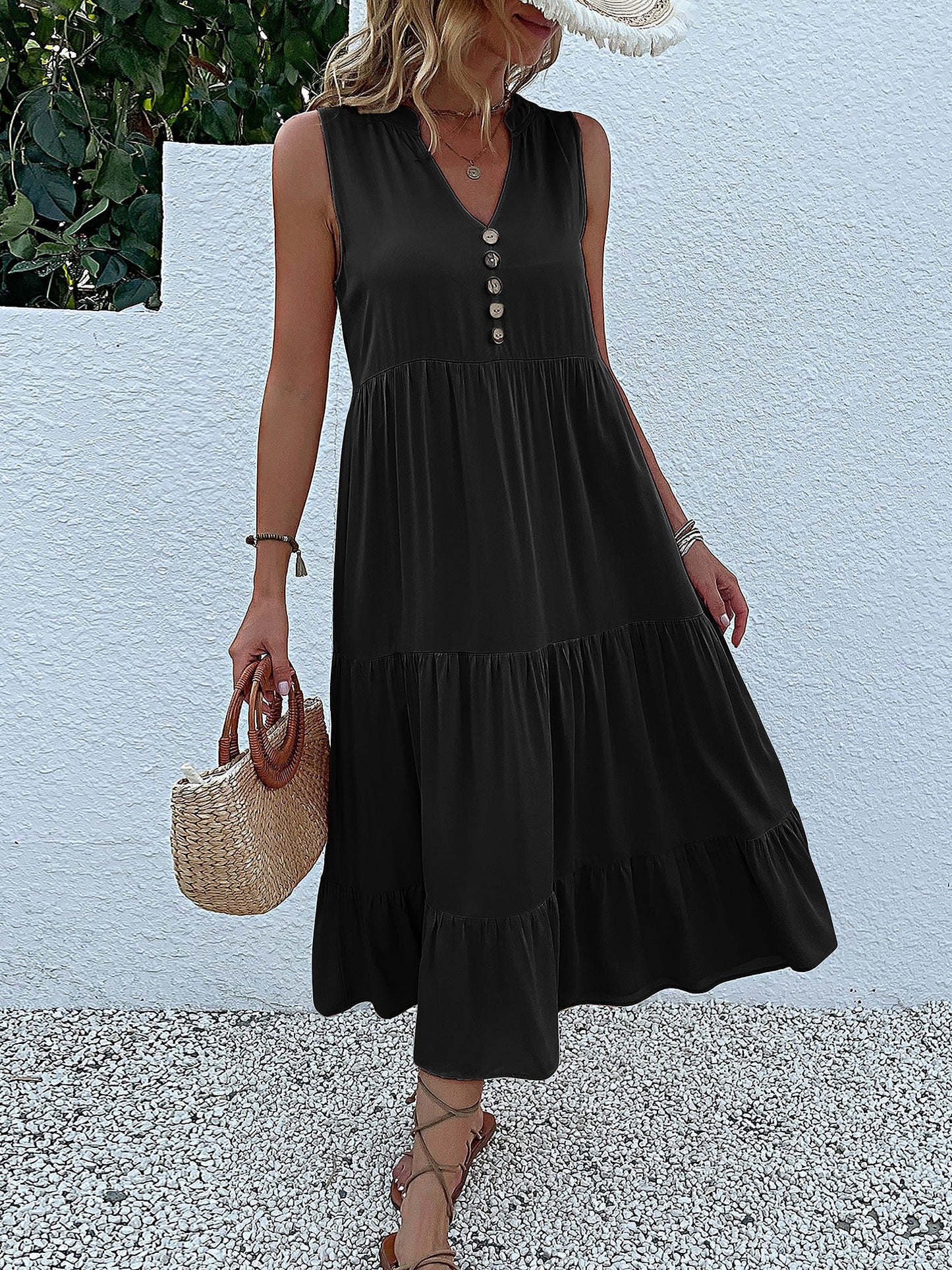 Notch Neck Buttoned Sleeveless Tiered Midi Dress