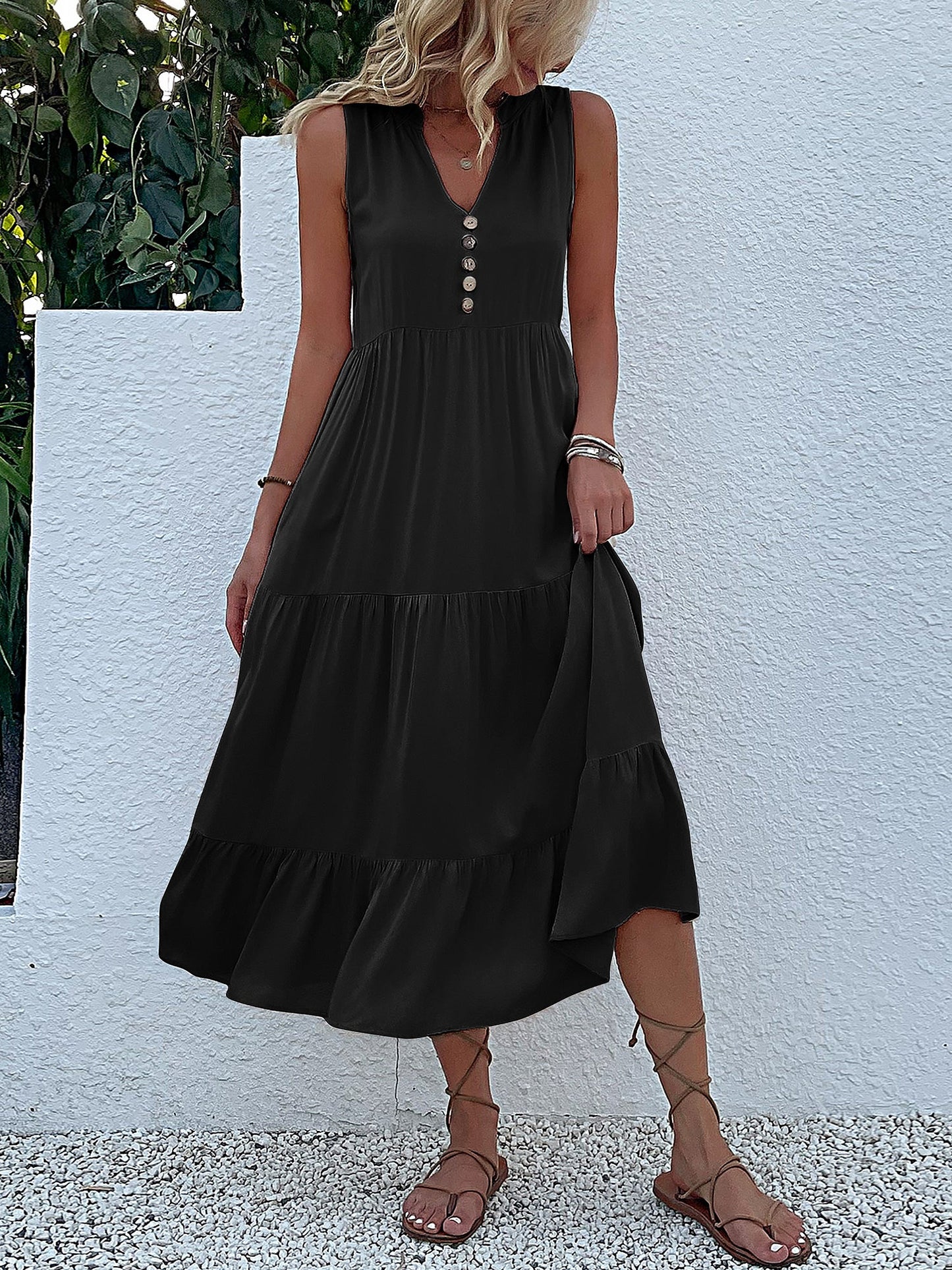 Notch Neck Buttoned Sleeveless Tiered Midi Dress