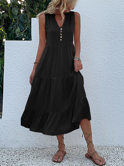 Notch Neck Buttoned Sleeveless Tiered Midi Dress