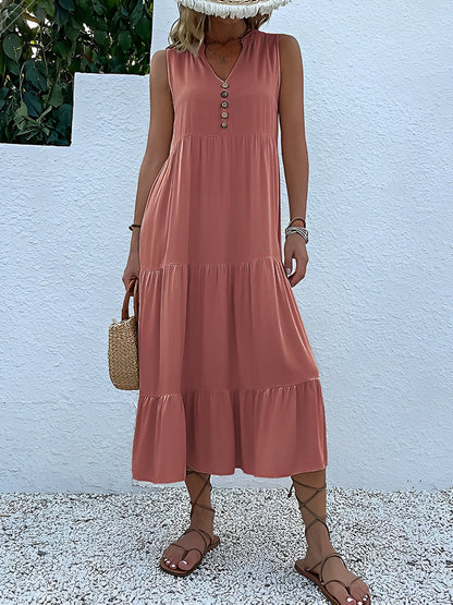 Notch Neck Buttoned Sleeveless Tiered Midi Dress