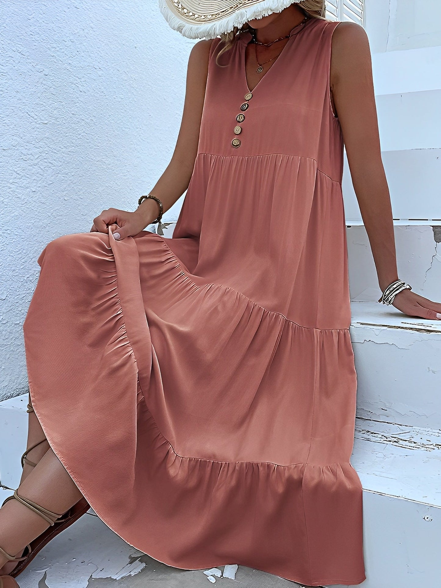 Notch Neck Buttoned Sleeveless Tiered Midi Dress
