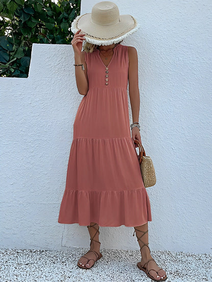 Notch Neck Buttoned Sleeveless Tiered Midi Dress