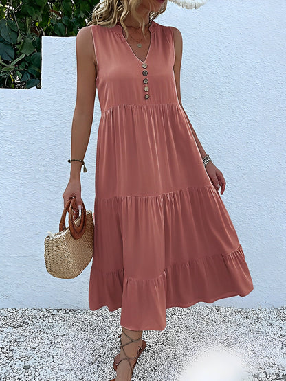 Notch Neck Buttoned Sleeveless Tiered Midi Dress