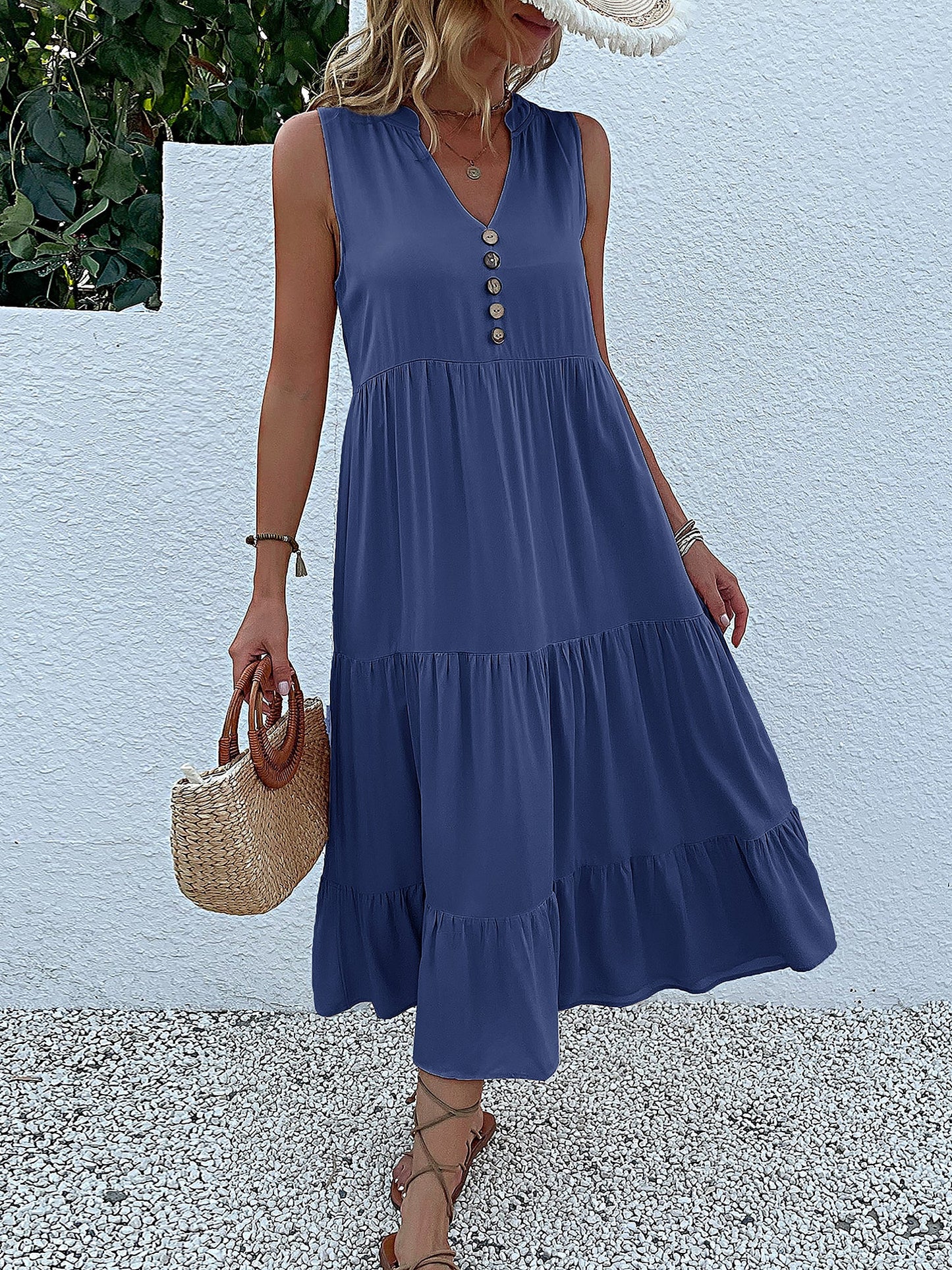 Notch Neck Buttoned Sleeveless Tiered Midi Dress