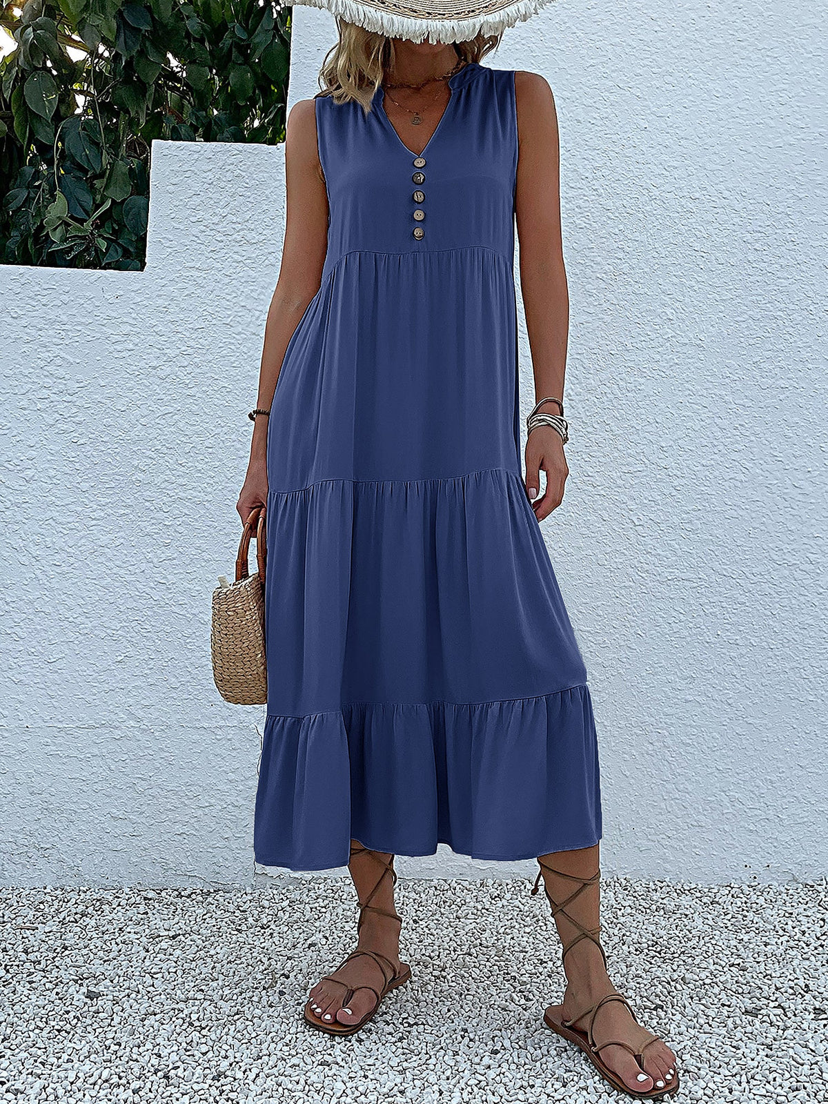 Notch Neck Buttoned Sleeveless Tiered Midi Dress