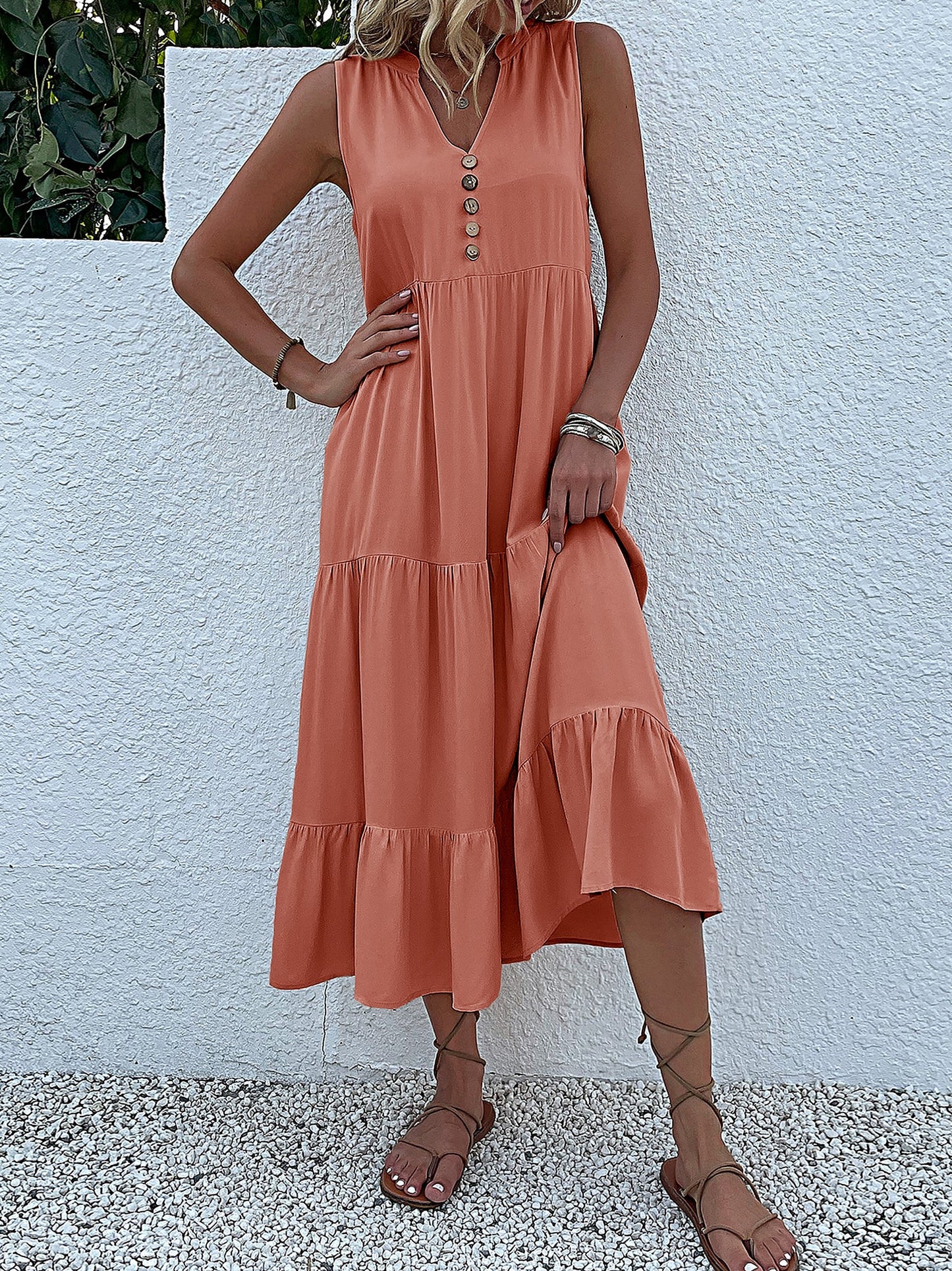 Notch Neck Buttoned Sleeveless Tiered Midi Dress