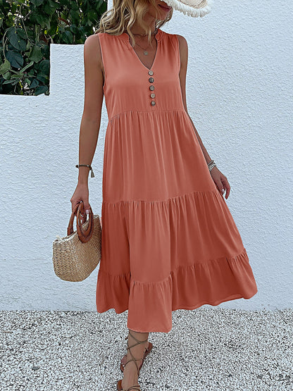Notch Neck Buttoned Sleeveless Tiered Midi Dress