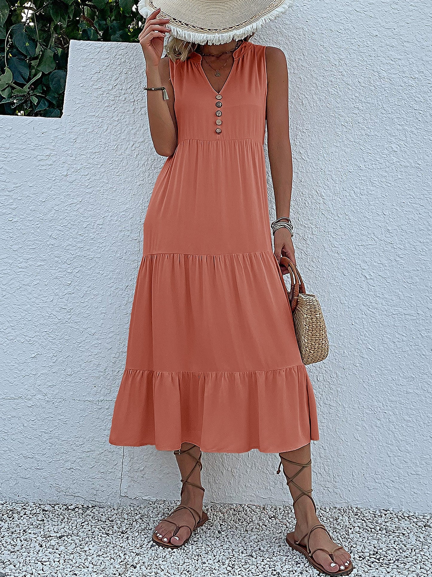 Notch Neck Buttoned Sleeveless Tiered Midi Dress