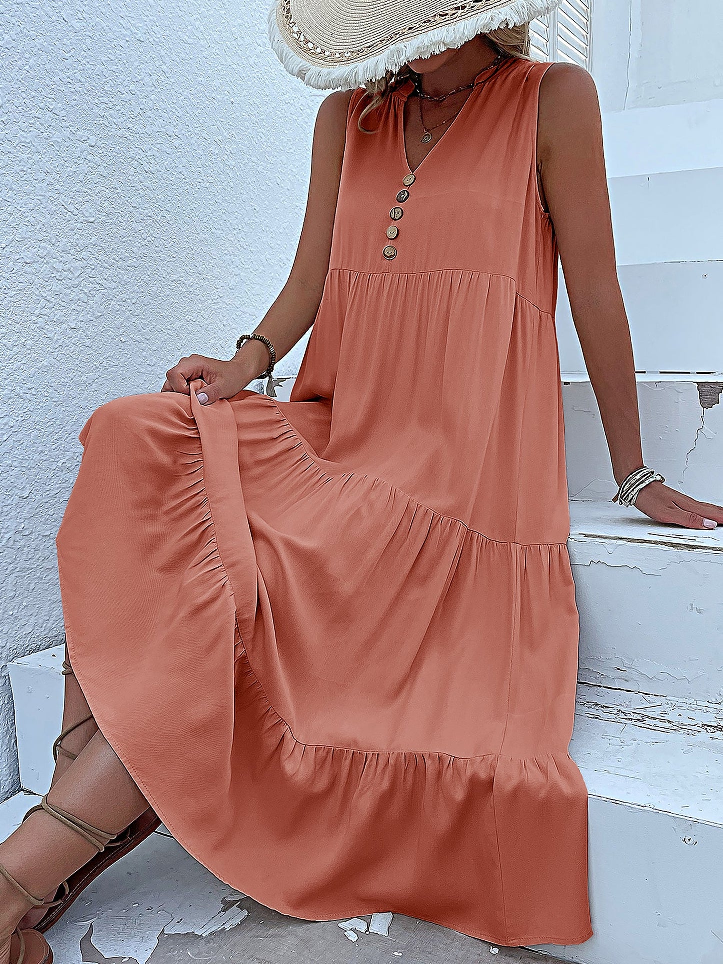 Notch Neck Buttoned Sleeveless Tiered Midi Dress