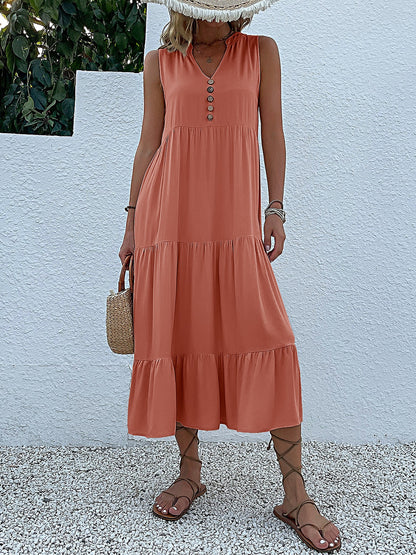 Notch Neck Buttoned Sleeveless Tiered Midi Dress