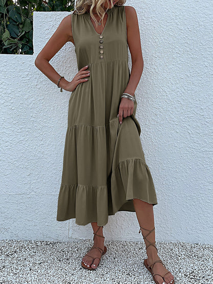 Notch Neck Buttoned Sleeveless Tiered Midi Dress
