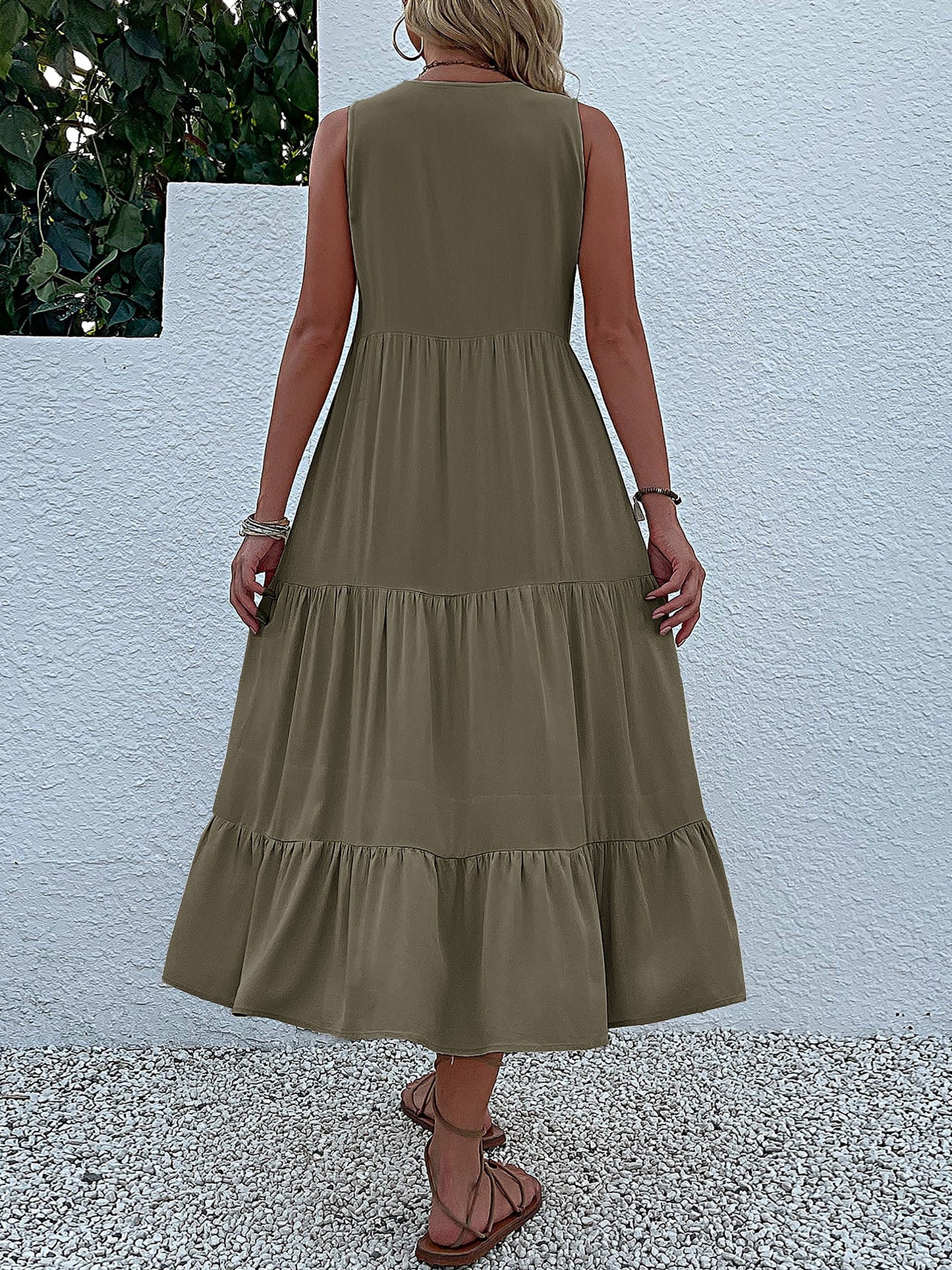 Notch Neck Buttoned Sleeveless Tiered Midi Dress