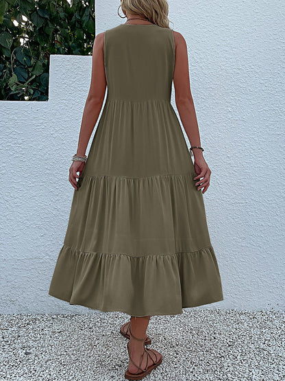 Notch Neck Buttoned Sleeveless Tiered Midi Dress