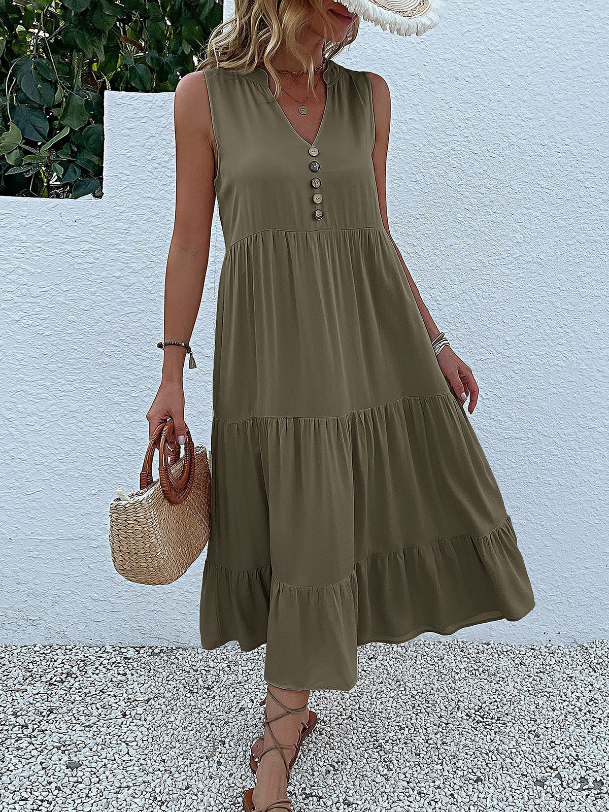 Notch Neck Buttoned Sleeveless Tiered Midi Dress