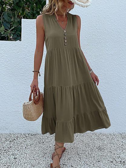 Notch Neck Buttoned Sleeveless Tiered Midi Dress