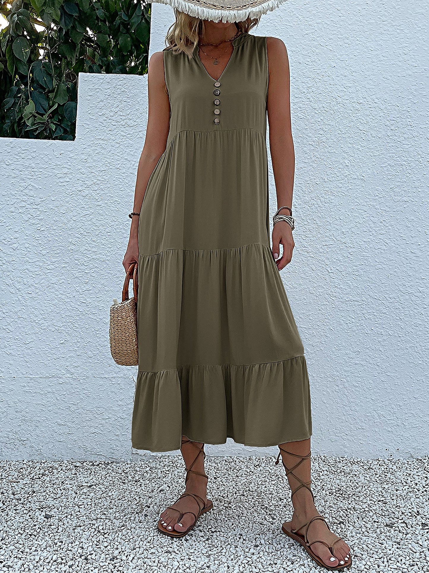 Notch Neck Buttoned Sleeveless Tiered Midi Dress