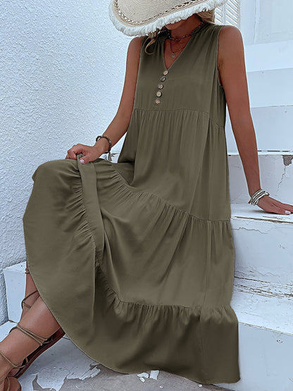 Notch Neck Buttoned Sleeveless Tiered Midi Dress