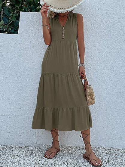 Notch Neck Buttoned Sleeveless Tiered Midi Dress