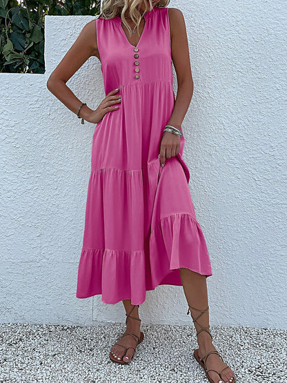 Notch Neck Buttoned Sleeveless Tiered Midi Dress