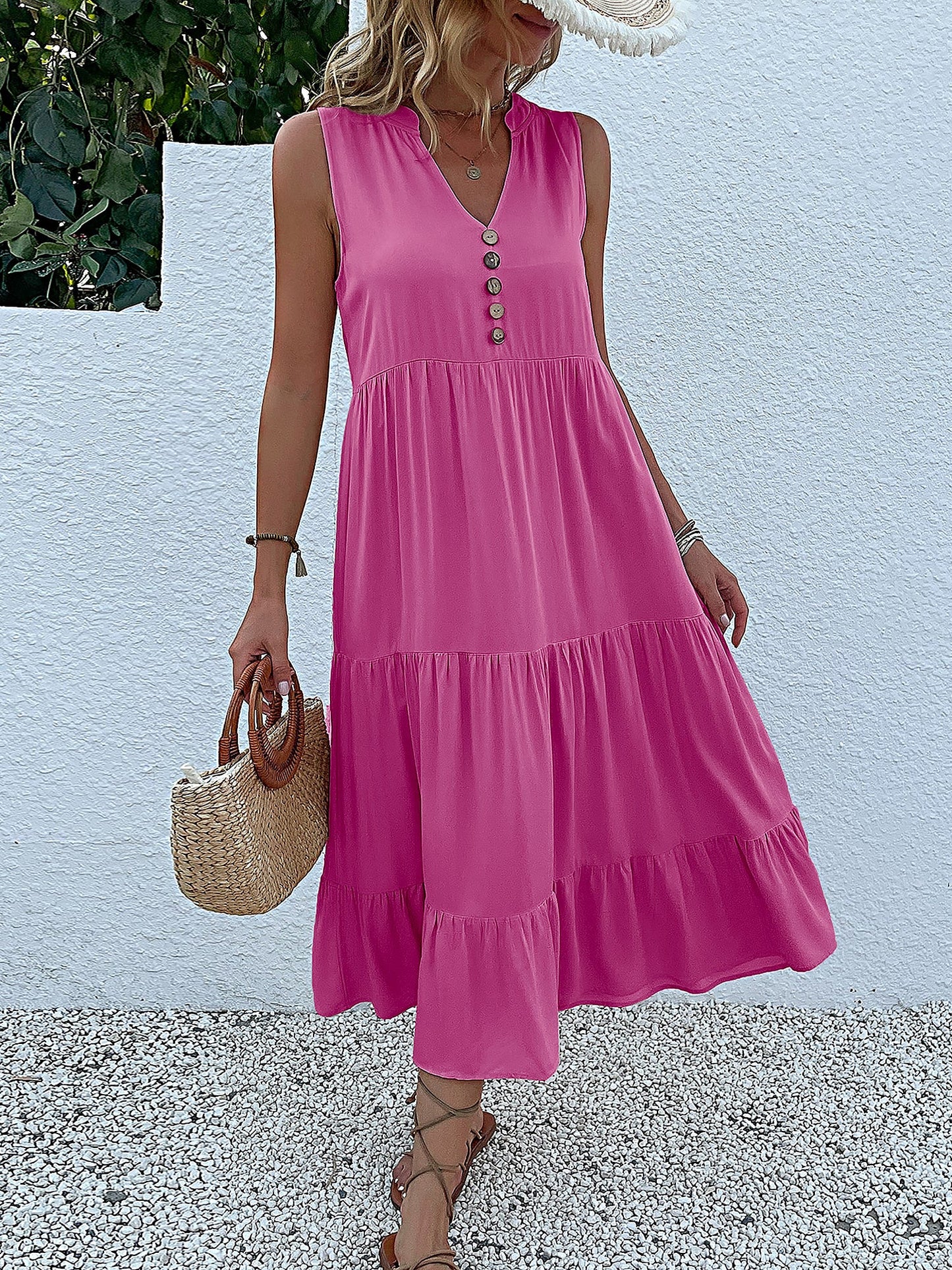 Notch Neck Buttoned Sleeveless Tiered Midi Dress