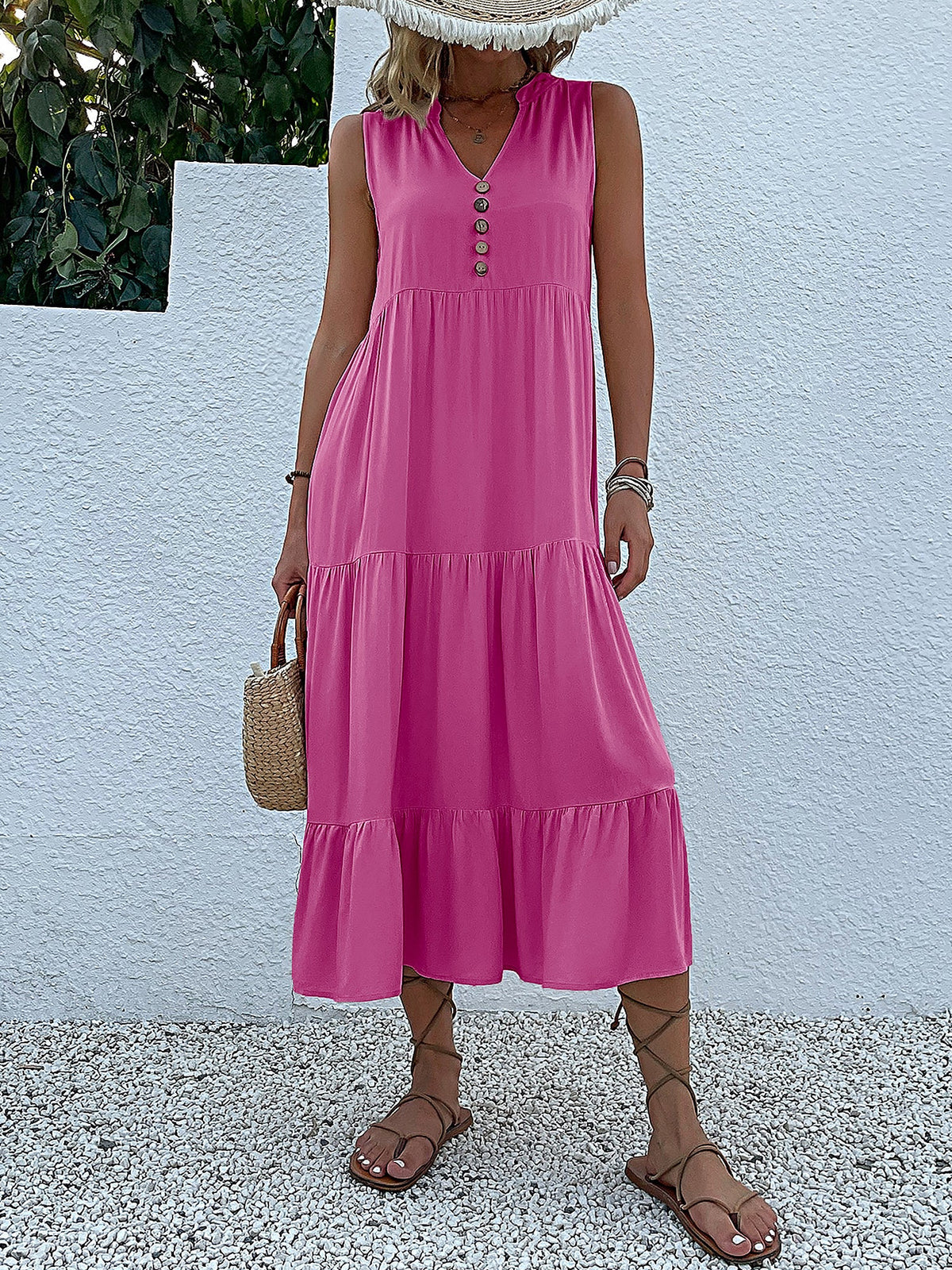 Notch Neck Buttoned Sleeveless Tiered Midi Dress