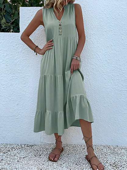 Notch Neck Buttoned Sleeveless Tiered Midi Dress