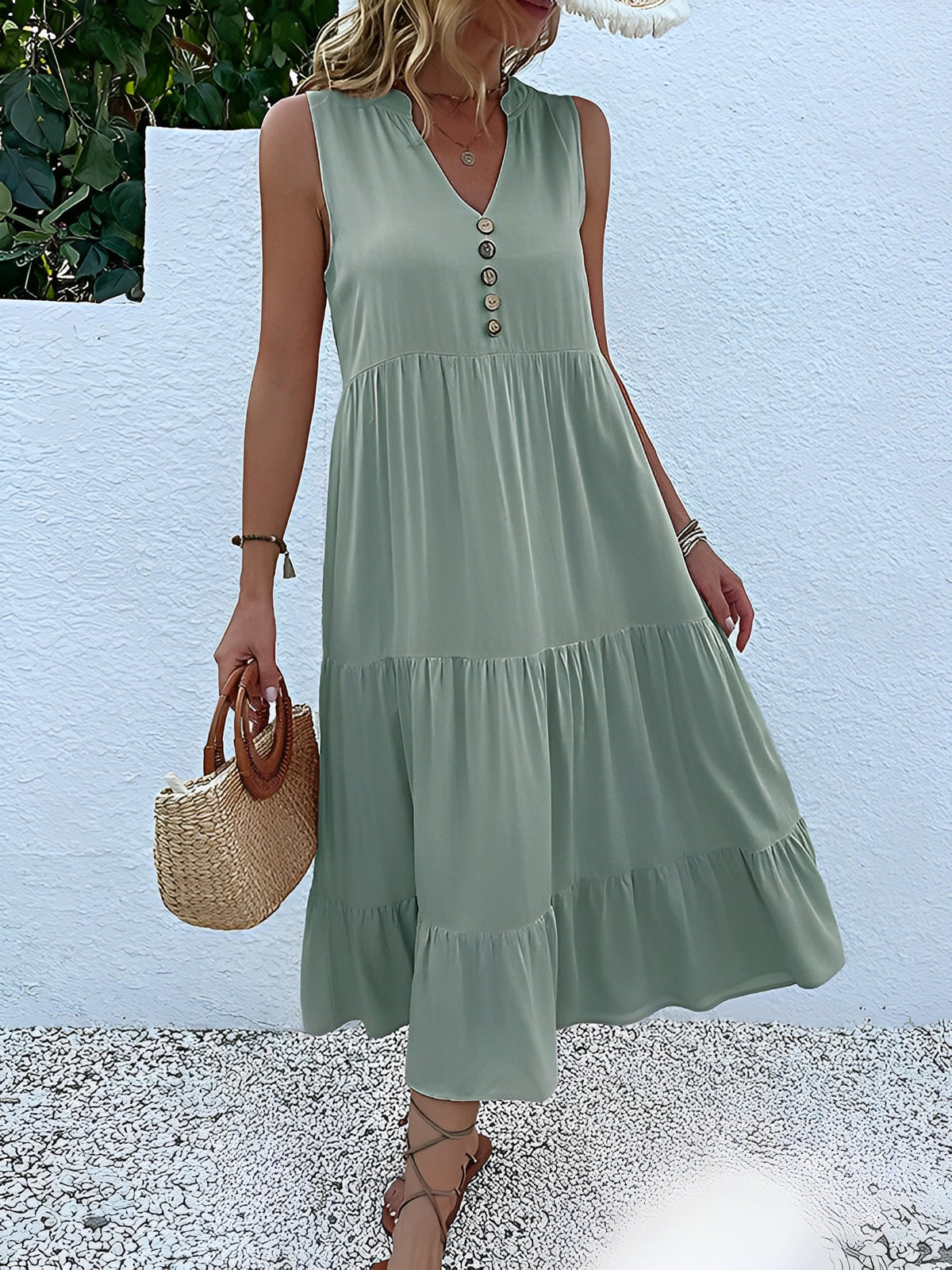 Notch Neck Buttoned Sleeveless Tiered Midi Dress