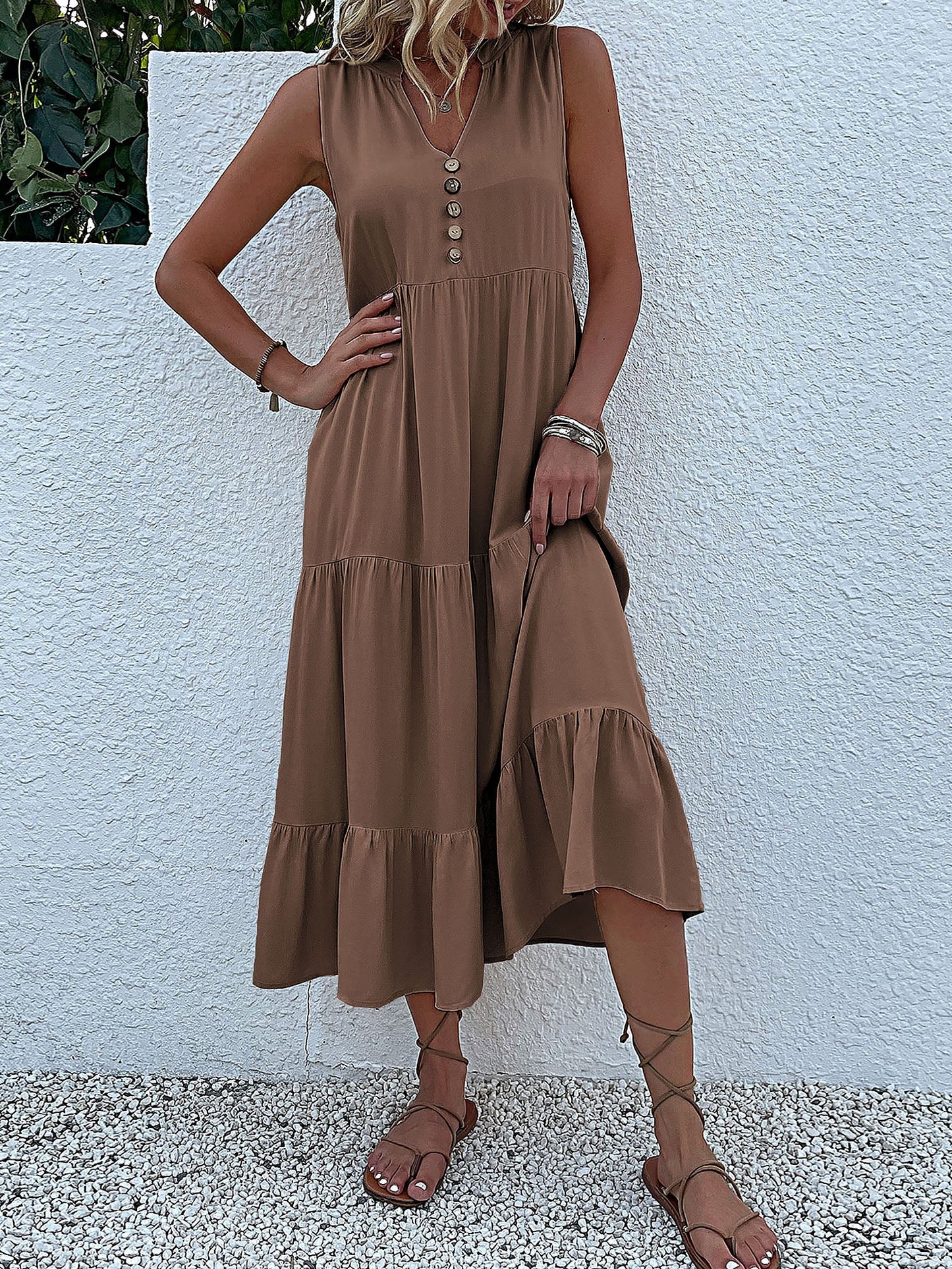 Notch Neck Buttoned Sleeveless Tiered Midi Dress