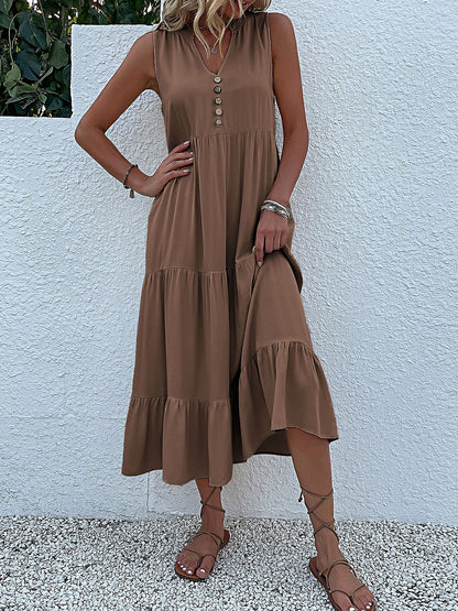 Notch Neck Buttoned Sleeveless Tiered Midi Dress
