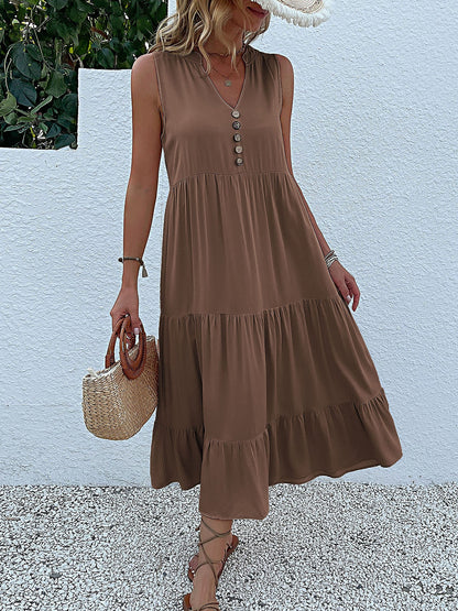 Notch Neck Buttoned Sleeveless Tiered Midi Dress