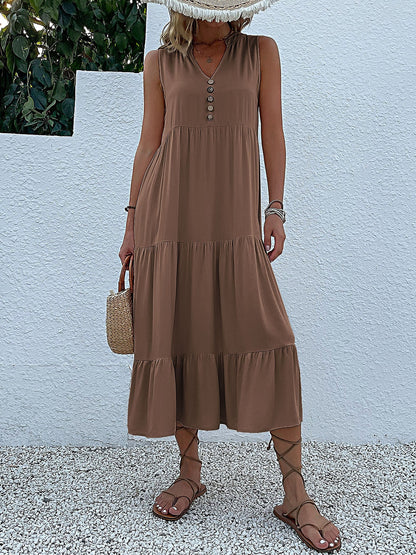 Notch Neck Buttoned Sleeveless Tiered Midi Dress