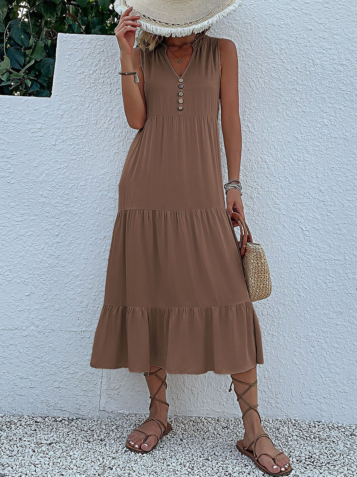 Notch Neck Buttoned Sleeveless Tiered Midi Dress