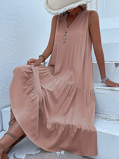 Notch Neck Buttoned Sleeveless Tiered Midi Dress