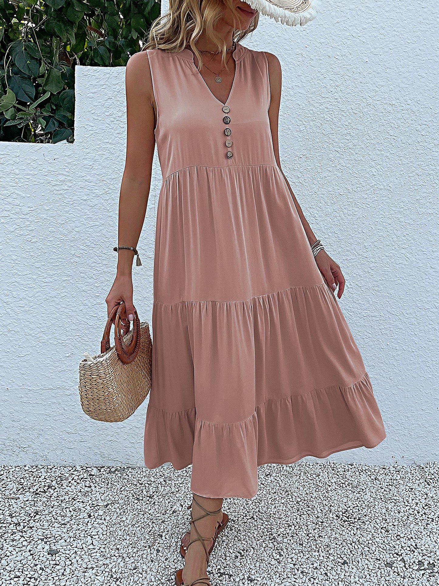 Notch Neck Buttoned Sleeveless Tiered Midi Dress