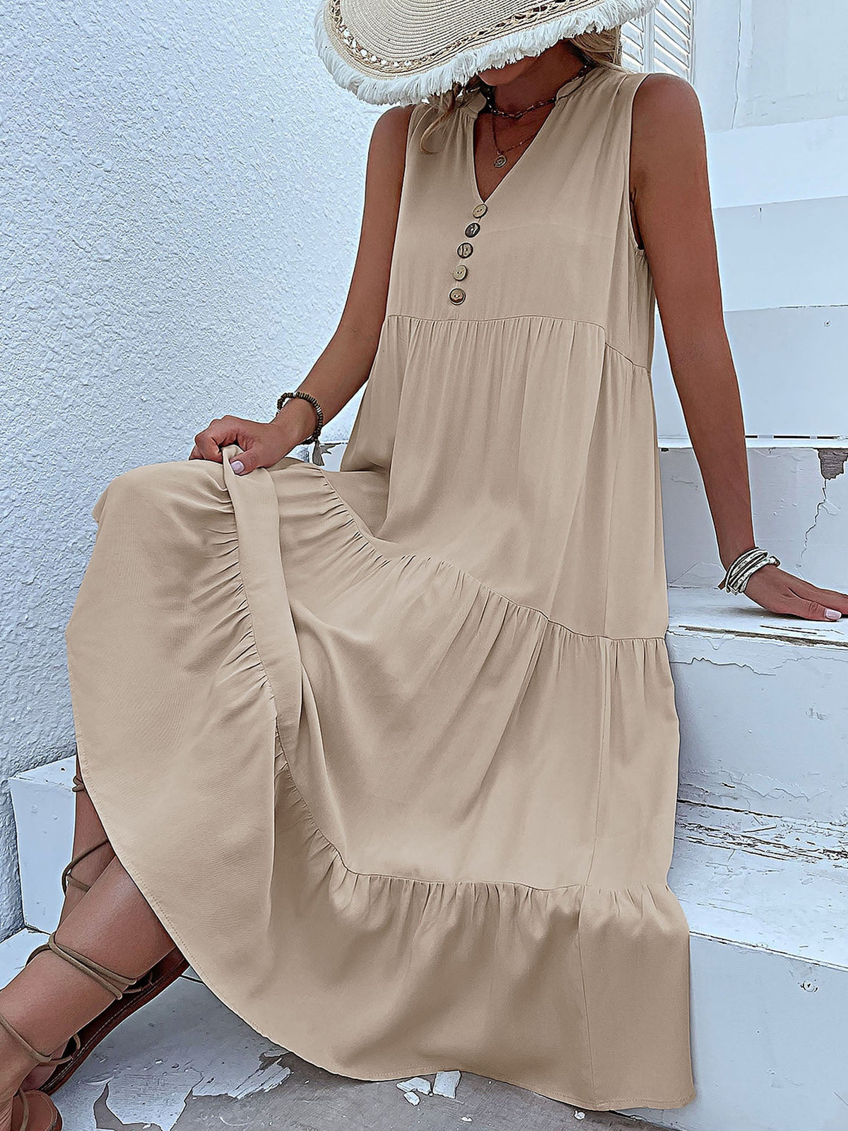 Notch Neck Buttoned Sleeveless Tiered Midi Dress