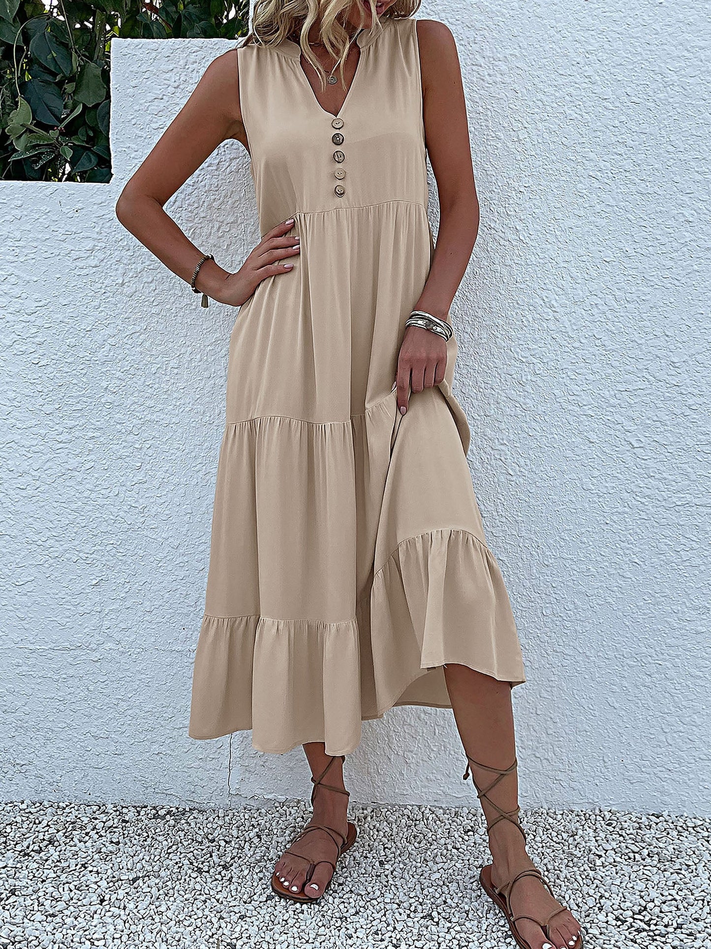 Notch Neck Buttoned Sleeveless Tiered Midi Dress
