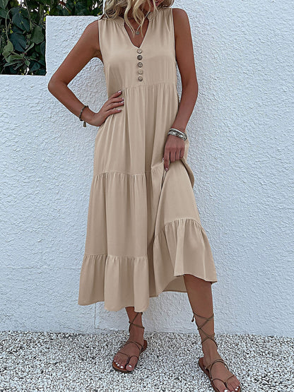 Notch Neck Buttoned Sleeveless Tiered Midi Dress