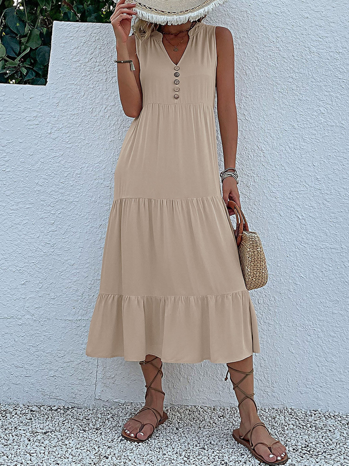 Notch Neck Buttoned Sleeveless Tiered Midi Dress